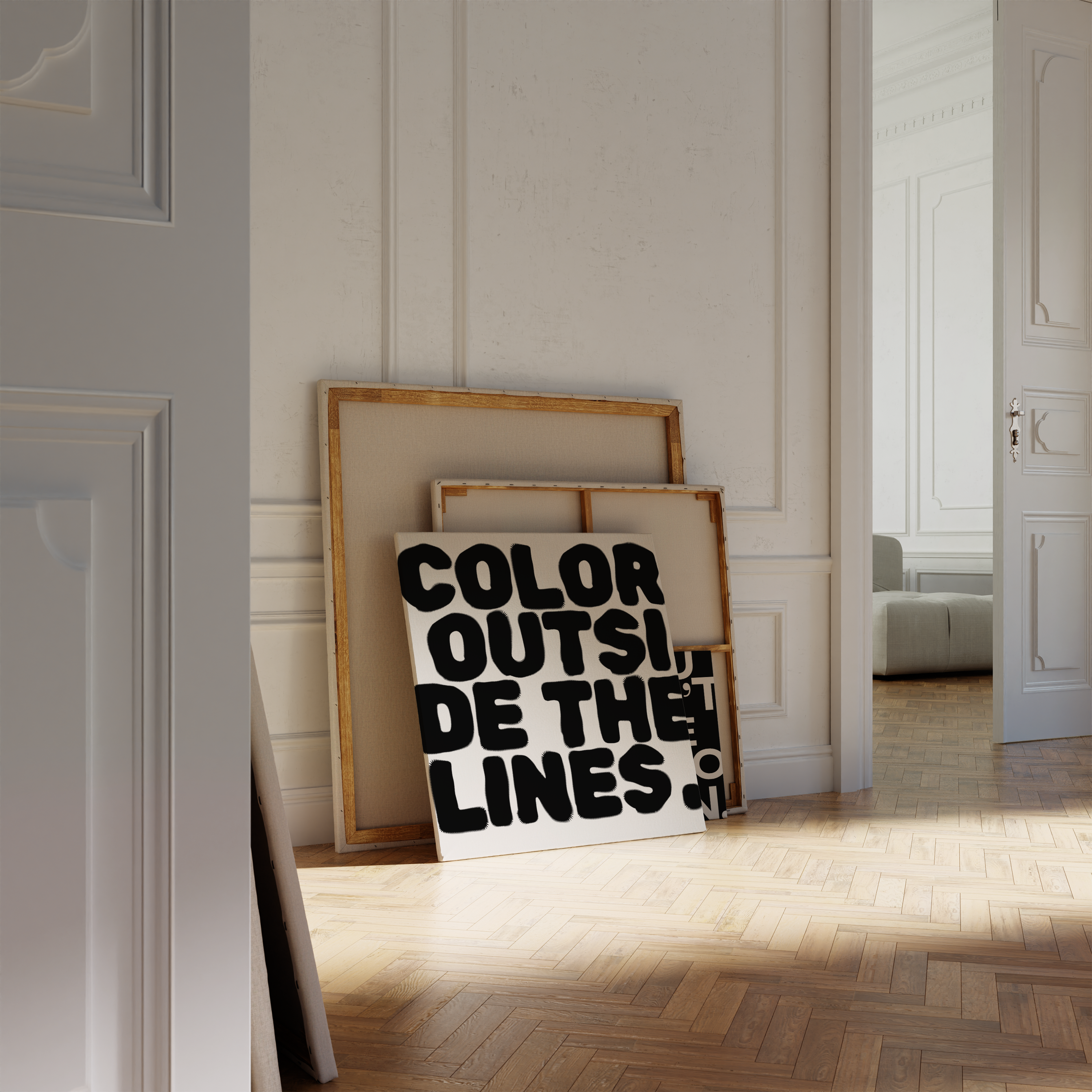 Color Outside The Lines print in a bedroom