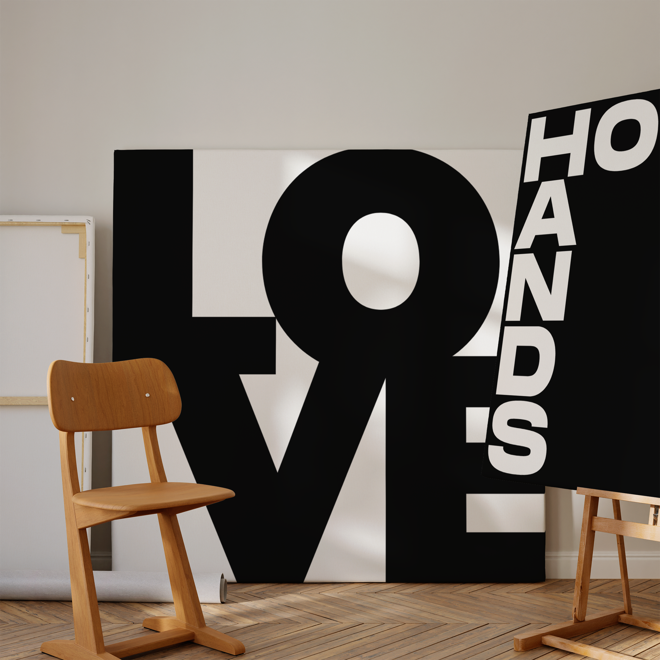 Typographic print above a sofa in a loft