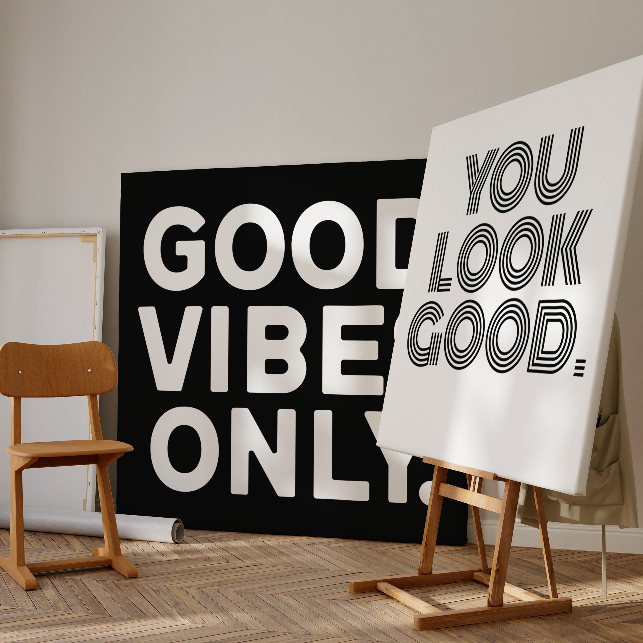 Typographic print styled with objects on a shelf